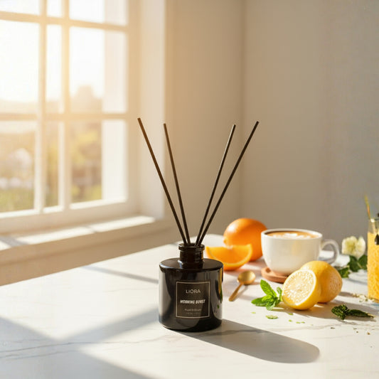 Liora Scentique Morning Burst reed diffuser in a black glass bottle with black reeds, photographed against a clean light grey studio background.